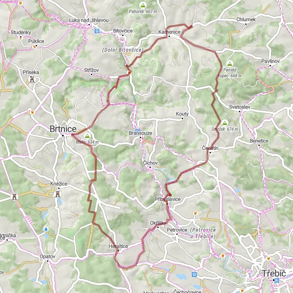 Mapa miniatúra "Gravelová cyklotrasa okolo Kamenice - Podzimní cesta" cyklistická inšpirácia v Jihovýchod, Czech Republic. Vygenerované cyklistickým plánovačom trás Tarmacs.app