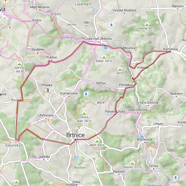 Miniaturní mapa "Gravelová cyklotrasa kolem Kamenice" inspirace pro cyklisty v oblasti Jihovýchod, Czech Republic. Vytvořeno pomocí plánovače tras Tarmacs.app