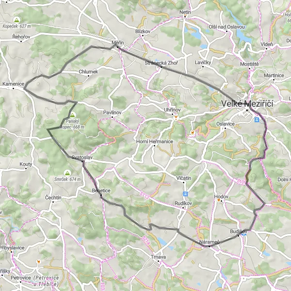 Miniaturní mapa "Okruh kolem Malečka a Studnice" inspirace pro cyklisty v oblasti Jihovýchod, Czech Republic. Vytvořeno pomocí plánovače tras Tarmacs.app