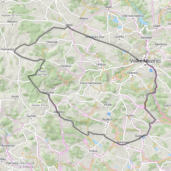 Map miniature of "Měřín Escape" cycling inspiration in Jihovýchod, Czech Republic. Generated by Tarmacs.app cycling route planner