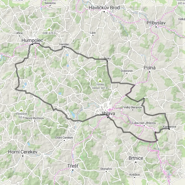 Mapa miniatúra "Okružní cyklotrasa s výhledy - Road" cyklistická inšpirácia v Jihovýchod, Czech Republic. Vygenerované cyklistickým plánovačom trás Tarmacs.app