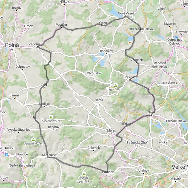Miniaturní mapa "Cyklistická trasa kolem Kamenice a Zhoře" inspirace pro cyklisty v oblasti Jihovýchod, Czech Republic. Vytvořeno pomocí plánovače tras Tarmacs.app