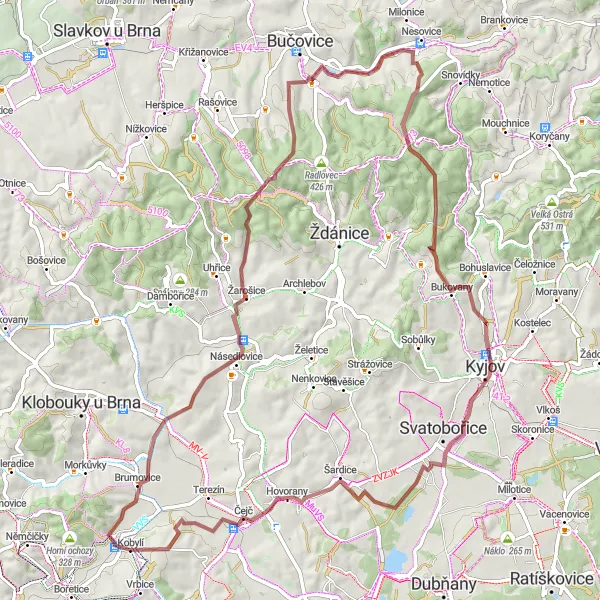 Miniatura mapy "Pełne Przygód Gravel w okolicach Kobylí" - trasy rowerowej w Jihovýchod, Czech Republic. Wygenerowane przez planer tras rowerowych Tarmacs.app