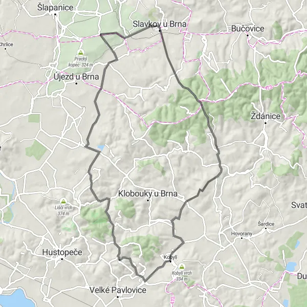 Mapa miniatúra "Okruh kolem Kobylí s výhledem na Kraví Horu" cyklistická inšpirácia v Jihovýchod, Czech Republic. Vygenerované cyklistickým plánovačom trás Tarmacs.app