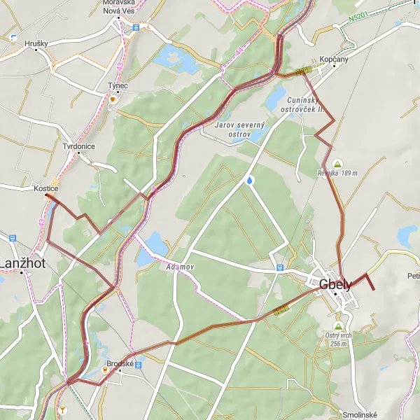 Miniatura mapy "Trasa gravelowa do Kostic" - trasy rowerowej w Jihovýchod, Czech Republic. Wygenerowane przez planer tras rowerowych Tarmacs.app