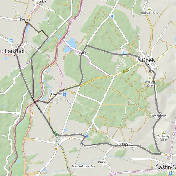 Miniatura mapy "Trasa Szosowa przez Ostrý vrch i Lanžhot" - trasy rowerowej w Jihovýchod, Czech Republic. Wygenerowane przez planer tras rowerowych Tarmacs.app