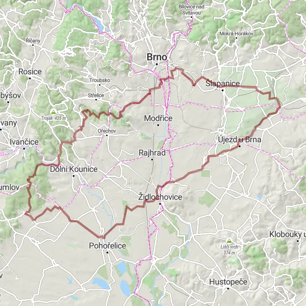 Karten-Miniaturansicht der Radinspiration "Hügellige Herausforderung um Křenovice" in Jihovýchod, Czech Republic. Erstellt vom Tarmacs.app-Routenplaner für Radtouren