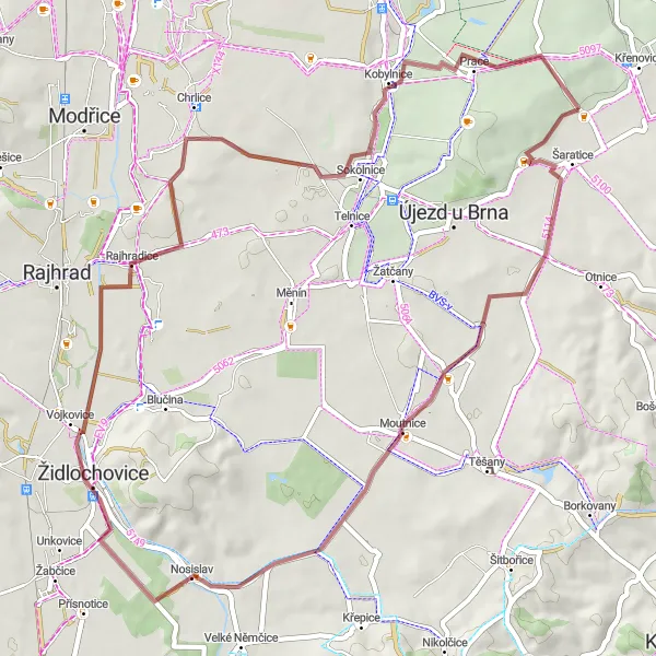 Miniaturní mapa "Gravel trasa kolem Moutnic a Rajhradic" inspirace pro cyklisty v oblasti Jihovýchod, Czech Republic. Vytvořeno pomocí plánovače tras Tarmacs.app