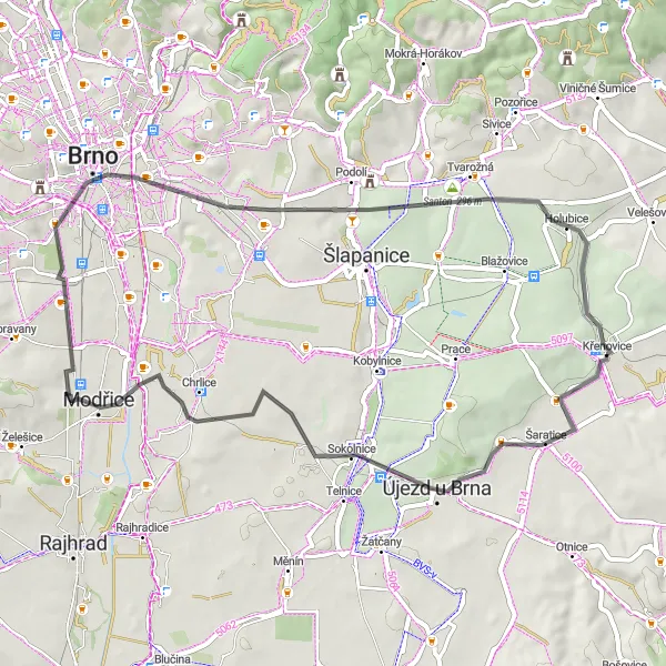 Miniaturní mapa "Road route kolem Modřic a Křenovic" inspirace pro cyklisty v oblasti Jihovýchod, Czech Republic. Vytvořeno pomocí plánovače tras Tarmacs.app