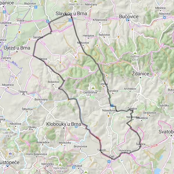 Miniaturní mapa "Road trasa přes Šardice a Velké Hostěrádky" inspirace pro cyklisty v oblasti Jihovýchod, Czech Republic. Vytvořeno pomocí plánovače tras Tarmacs.app