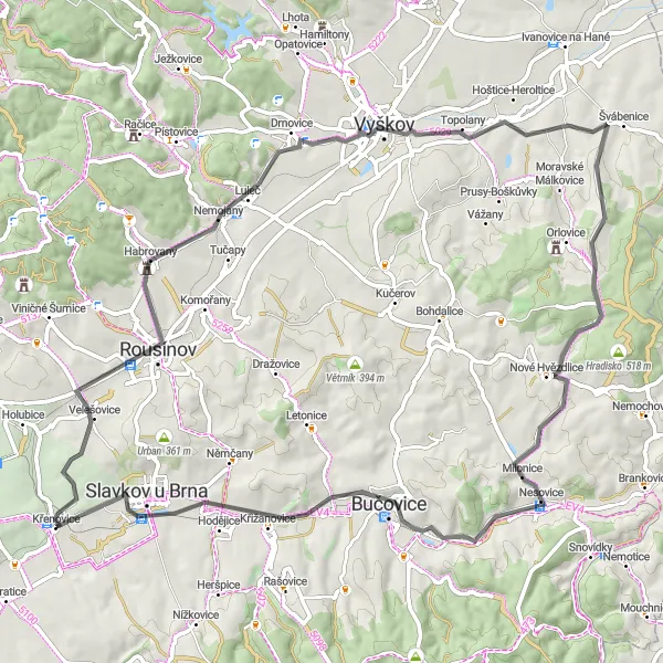 Karten-Miniaturansicht der Radinspiration "Entdeckungstour von Křenovice nach Zámek Slavkov" in Jihovýchod, Czech Republic. Erstellt vom Tarmacs.app-Routenplaner für Radtouren