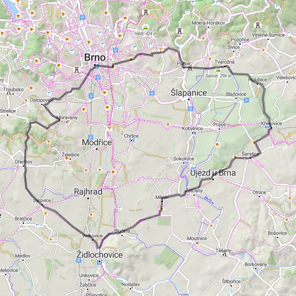 Karten-Miniaturansicht der Radinspiration "Rundfahrt durch Stará hora und Křenovice" in Jihovýchod, Czech Republic. Erstellt vom Tarmacs.app-Routenplaner für Radtouren