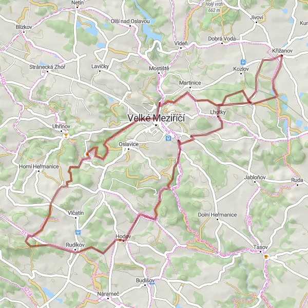 Miniatura mapy "Wyjątkowy szlak gravelowy w okolicach Křižanova" - trasy rowerowej w Jihovýchod, Czech Republic. Wygenerowane przez planer tras rowerowych Tarmacs.app