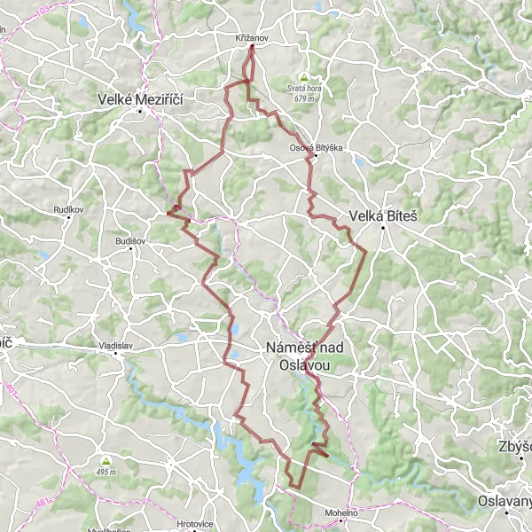 Miniaturní mapa "Dlouhá cyklotrasa s malebnými výhledy" inspirace pro cyklisty v oblasti Jihovýchod, Czech Republic. Vytvořeno pomocí plánovače tras Tarmacs.app
