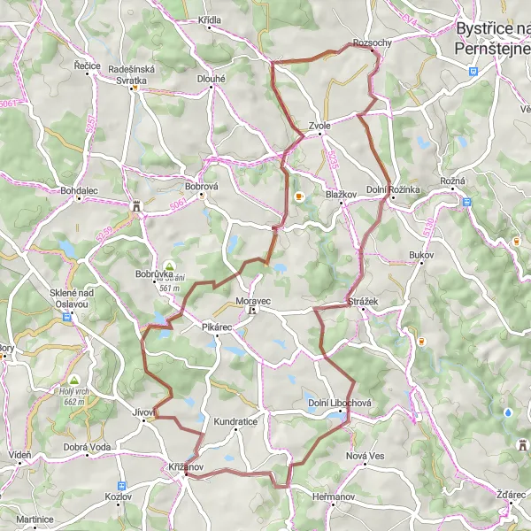 Miniatura mapy "Trasa gravelowa przez okolice Křižanova" - trasy rowerowej w Jihovýchod, Czech Republic. Wygenerowane przez planer tras rowerowych Tarmacs.app
