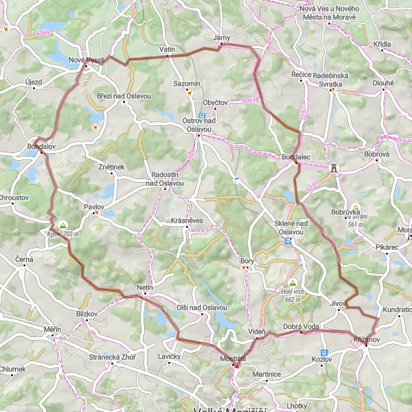 Miniaturní mapa "Kulturně bohatá cyklotrasa v okolí Křižanova" inspirace pro cyklisty v oblasti Jihovýchod, Czech Republic. Vytvořeno pomocí plánovače tras Tarmacs.app