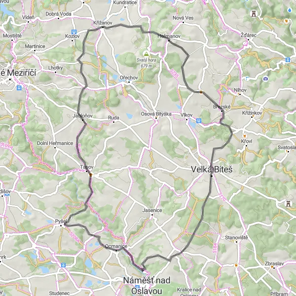 Miniaturní mapa "Zážitkový výlet kolem Křižanova" inspirace pro cyklisty v oblasti Jihovýchod, Czech Republic. Vytvořeno pomocí plánovače tras Tarmacs.app