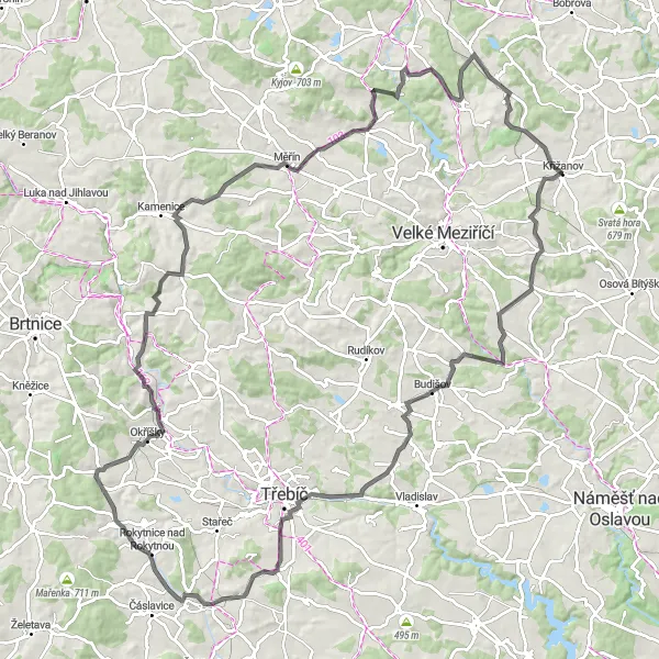 Karten-Miniaturansicht der Radinspiration "Panorama-Rundfahrt von Křižanov nach Šebeň und zurück" in Jihovýchod, Czech Republic. Erstellt vom Tarmacs.app-Routenplaner für Radtouren