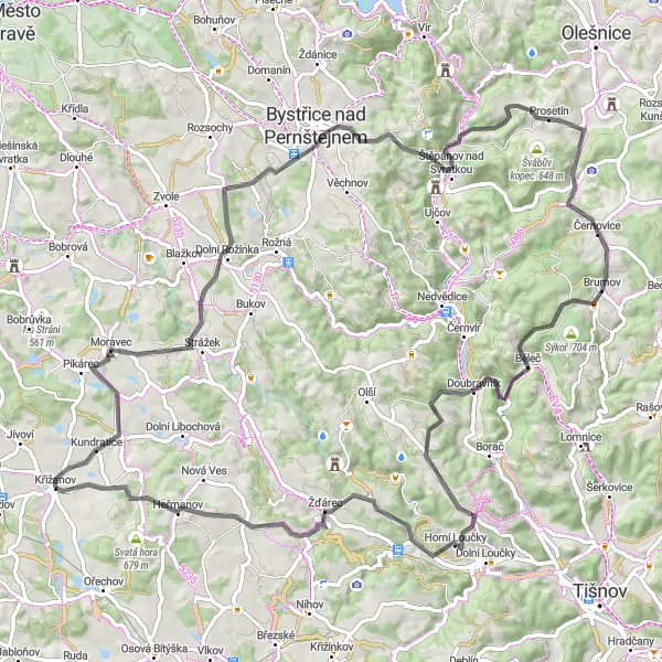 Karten-Miniaturansicht der Radinspiration "Rundfahrt von Křižanov nach Hodonín und zurück" in Jihovýchod, Czech Republic. Erstellt vom Tarmacs.app-Routenplaner für Radtouren