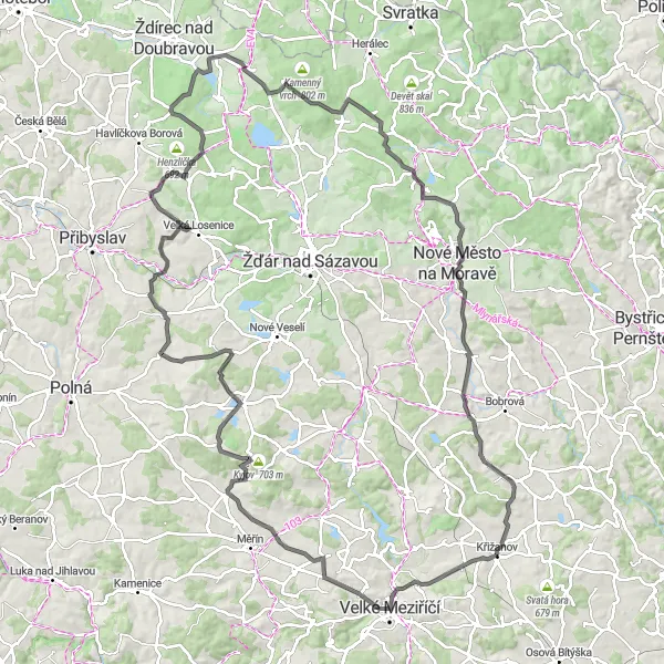 Miniaturní mapa "Kulturní výlet kolem Křižanova" inspirace pro cyklisty v oblasti Jihovýchod, Czech Republic. Vytvořeno pomocí plánovače tras Tarmacs.app