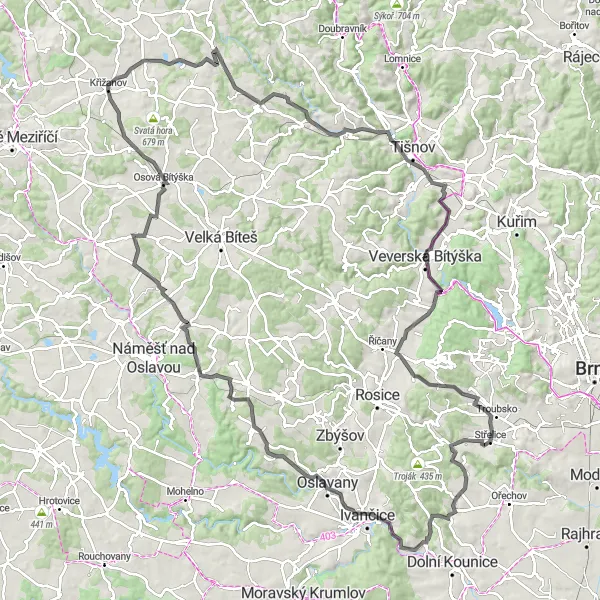 Mapa miniatúra "Okruh zahŕňajúci Baba a Veverská Bítýška" cyklistická inšpirácia v Jihovýchod, Czech Republic. Vygenerované cyklistickým plánovačom trás Tarmacs.app