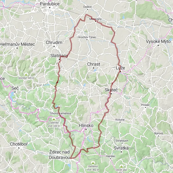 Map miniature of "The Hilltop Escapade" cycling inspiration in Jihovýchod, Czech Republic. Generated by Tarmacs.app cycling route planner