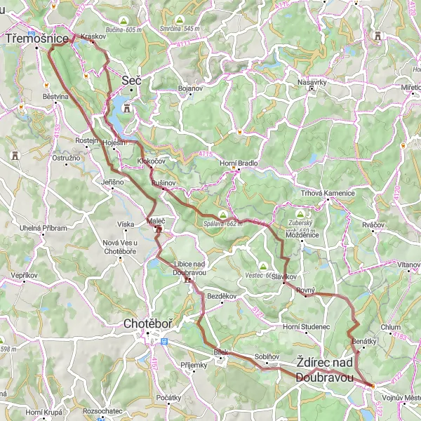 Mapa miniatúra "Gravel Adventure to Krucemburk" cyklistická inšpirácia v Jihovýchod, Czech Republic. Vygenerované cyklistickým plánovačom trás Tarmacs.app