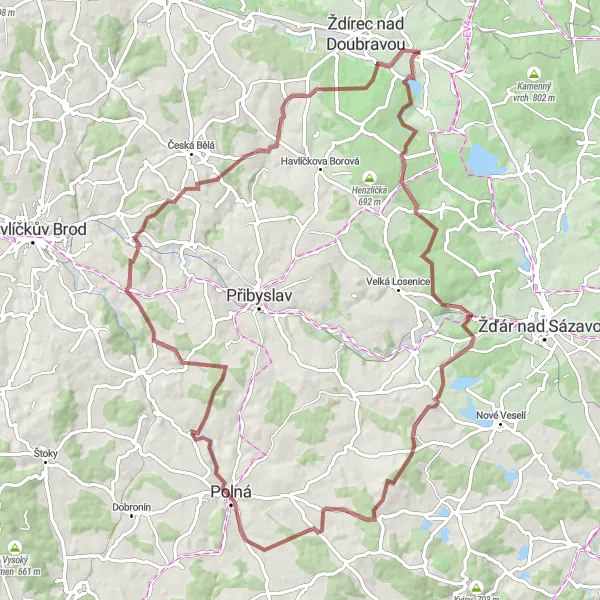 Mapa miniatúra "Gravelové dobrodružstvo" cyklistická inšpirácia v Jihovýchod, Czech Republic. Vygenerované cyklistickým plánovačom trás Tarmacs.app