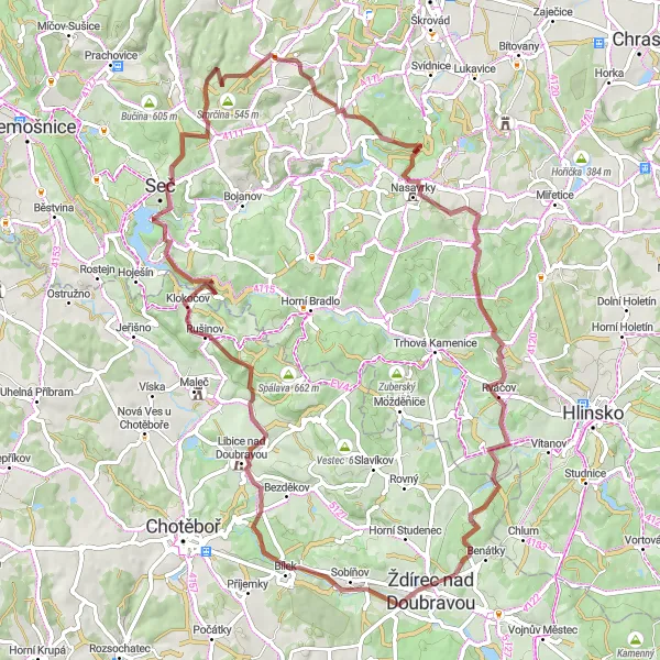 Miniaturní mapa "Gravel dobrodružství od Nového Raska po Milesimov" inspirace pro cyklisty v oblasti Jihovýchod, Czech Republic. Vytvořeno pomocí plánovače tras Tarmacs.app