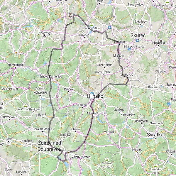Map miniature of "The Road Less Traveled" cycling inspiration in Jihovýchod, Czech Republic. Generated by Tarmacs.app cycling route planner