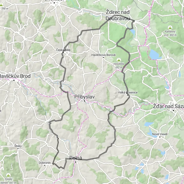 Map miniature of "The scenic loop through Ranský babylon and Záborná" cycling inspiration in Jihovýchod, Czech Republic. Generated by Tarmacs.app cycling route planner