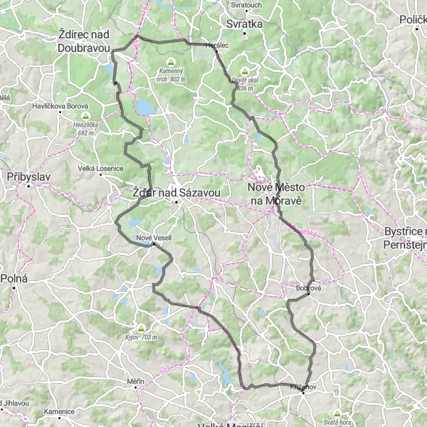 Map miniature of "The challenging journey through Bobrůvka and Nové Veselí" cycling inspiration in Jihovýchod, Czech Republic. Generated by Tarmacs.app cycling route planner