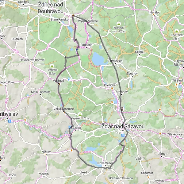 Map miniature of "The scenic loop through Žďár nad Sázavou 2 and Matějov" cycling inspiration in Jihovýchod, Czech Republic. Generated by Tarmacs.app cycling route planner