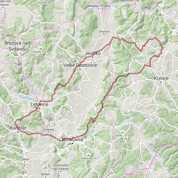 Miniaturní mapa "Gravel okruh Kochov - Kunštát" inspirace pro cyklisty v oblasti Jihovýchod, Czech Republic. Vytvořeno pomocí plánovače tras Tarmacs.app