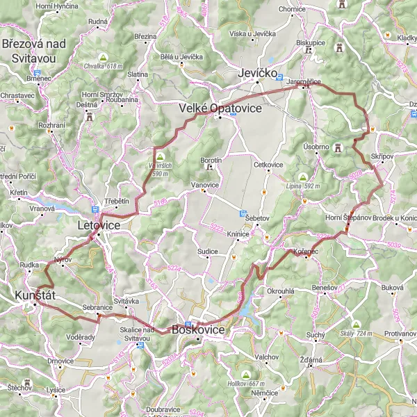 Mapa miniatúra "Gravelová cyklotrasa cez Kochov a Kunštát" cyklistická inšpirácia v Jihovýchod, Czech Republic. Vygenerované cyklistickým plánovačom trás Tarmacs.app