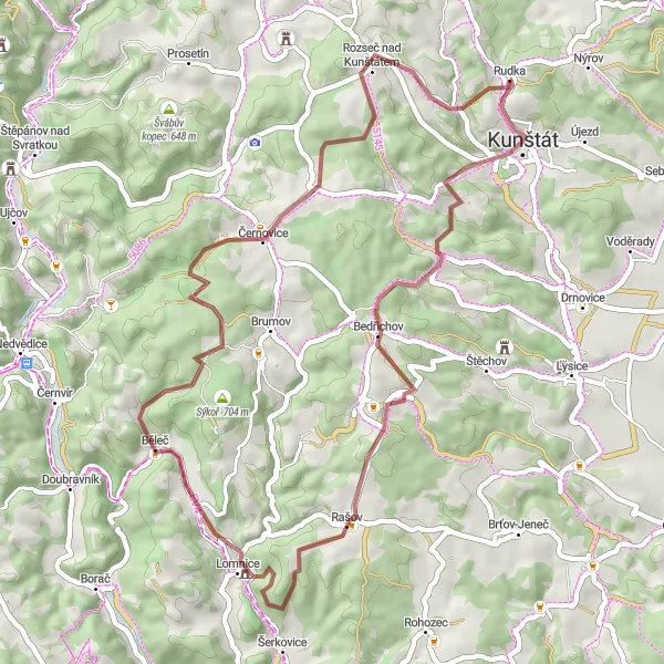 Mapa miniatúra "Gravel Bike Excursion from Kunštát to Tasovice" cyklistická inšpirácia v Jihovýchod, Czech Republic. Vygenerované cyklistickým plánovačom trás Tarmacs.app