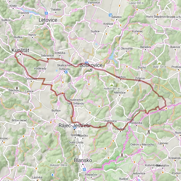 Miniaturní mapa "Gravel okruh Boskovice - Zbraslavec" inspirace pro cyklisty v oblasti Jihovýchod, Czech Republic. Vytvořeno pomocí plánovače tras Tarmacs.app