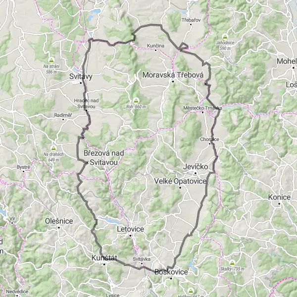 Miniatura mapy "Malownicza przejażdżka w okolicach Kunštát (road)" - trasy rowerowej w Jihovýchod, Czech Republic. Wygenerowane przez planer tras rowerowych Tarmacs.app