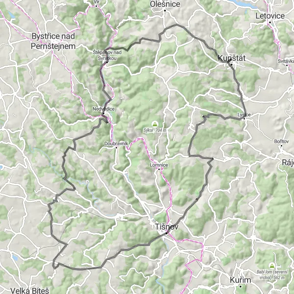 Miniaturní mapa "Okruh kolem Kunštátu přes Zbraslavce" inspirace pro cyklisty v oblasti Jihovýchod, Czech Republic. Vytvořeno pomocí plánovače tras Tarmacs.app