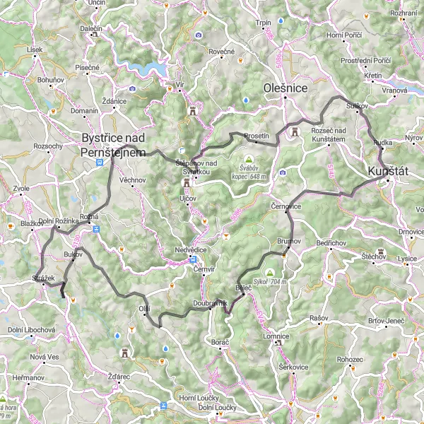 Mapa miniatúra "Cyklotrasa cez Brumov a Kunštát" cyklistická inšpirácia v Jihovýchod, Czech Republic. Vygenerované cyklistickým plánovačom trás Tarmacs.app