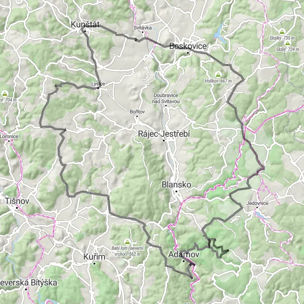 Mapa miniatúra "Okruh kolem Kunštátu a okolí" cyklistická inšpirácia v Jihovýchod, Czech Republic. Vygenerované cyklistickým plánovačom trás Tarmacs.app