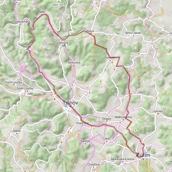 Miniaturní mapa "Gravelová cesta kolem okolí Kuřimi" inspirace pro cyklisty v oblasti Jihovýchod, Czech Republic. Vytvořeno pomocí plánovače tras Tarmacs.app