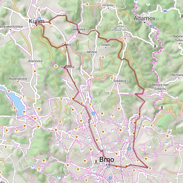 Miniaturní mapa "Podzimní kolo ke Kuřimu" inspirace pro cyklisty v oblasti Jihovýchod, Czech Republic. Vytvořeno pomocí plánovače tras Tarmacs.app