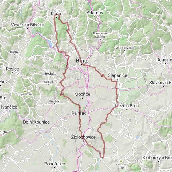 Miniaturní mapa "Historií Křivého kuželu" inspirace pro cyklisty v oblasti Jihovýchod, Czech Republic. Vytvořeno pomocí plánovače tras Tarmacs.app