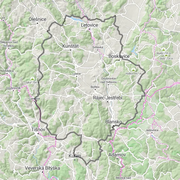 Miniaturní mapa "Cyklotrasa Malhostovická pecka" inspirace pro cyklisty v oblasti Jihovýchod, Czech Republic. Vytvořeno pomocí plánovače tras Tarmacs.app