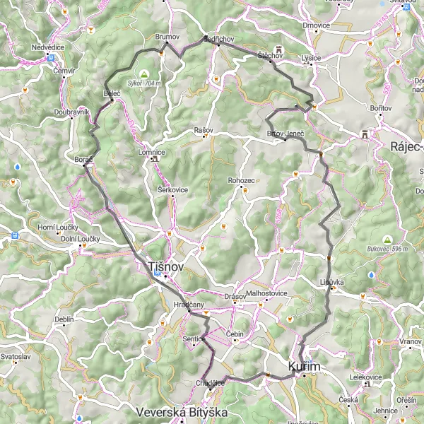 Mapa miniatúra "Okruh kolem Kuřimské hory" cyklistická inšpirácia v Jihovýchod, Czech Republic. Vygenerované cyklistickým plánovačom trás Tarmacs.app