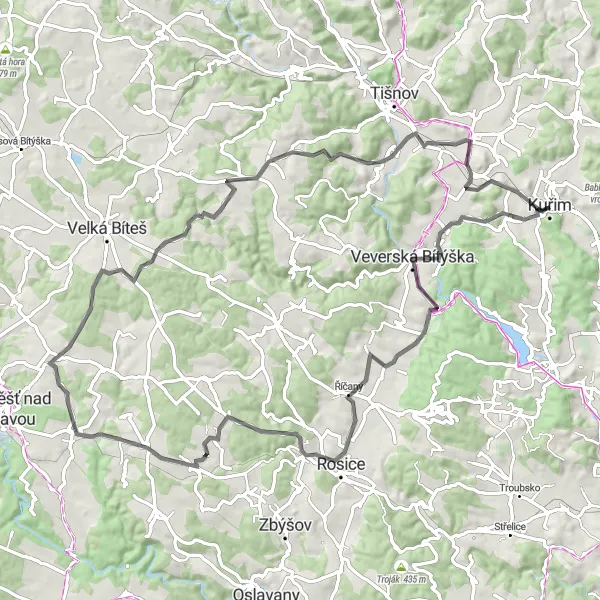 Miniaturní mapa "Náročný okruh kolem Kuřimi" inspirace pro cyklisty v oblasti Jihovýchod, Czech Republic. Vytvořeno pomocí plánovače tras Tarmacs.app