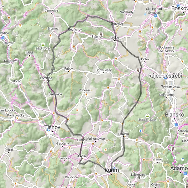 Miniaturní mapa "Kulatý průjezd malebnou krajinou" inspirace pro cyklisty v oblasti Jihovýchod, Czech Republic. Vytvořeno pomocí plánovače tras Tarmacs.app