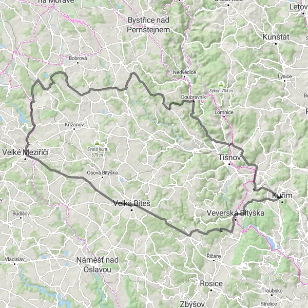 Miniaturní mapa "Okružní cyklistická trasa Kuřimská hora" inspirace pro cyklisty v oblasti Jihovýchod, Czech Republic. Vytvořeno pomocí plánovače tras Tarmacs.app