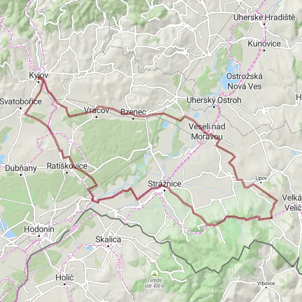 Miniaturní mapa "Kulturní okruh kolem Strážnice" inspirace pro cyklisty v oblasti Jihovýchod, Czech Republic. Vytvořeno pomocí plánovače tras Tarmacs.app